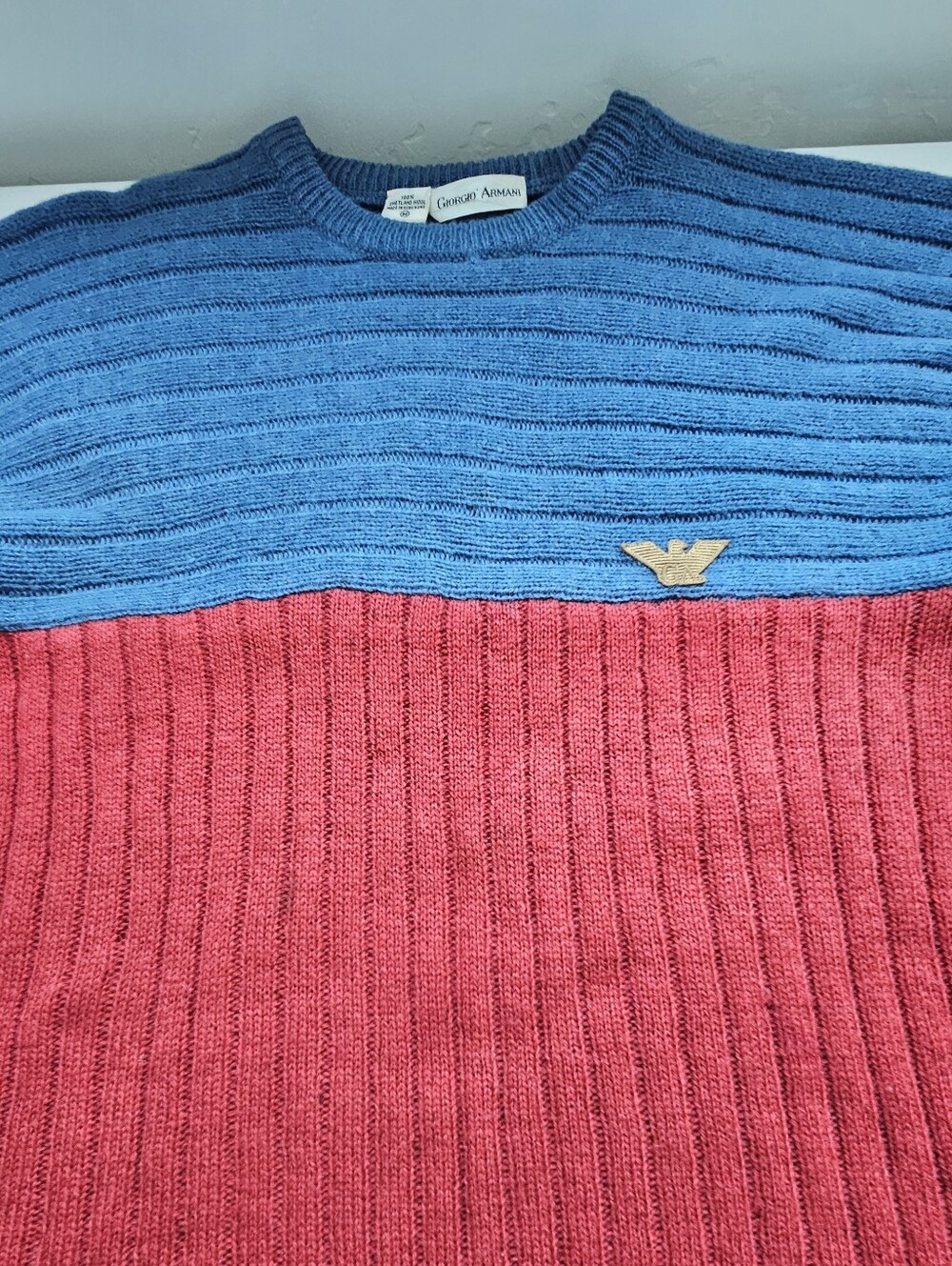 Giorgio Armani Vintage Red & Blue Wool Ribbed Logo Retro Sweater - Picture 5 of 12
